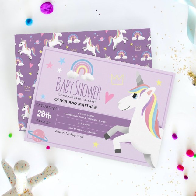 Girl and Niedlich Lila Unicorn Couples Kinderdusch Einladung (Von Creator hochgeladen)