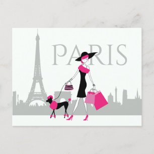 Girl and Poodle in Paris mit Eiffelturm Postkarte