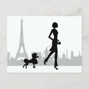 Girl and Poodle Paris Skyline Eiffel Tower Postkarte