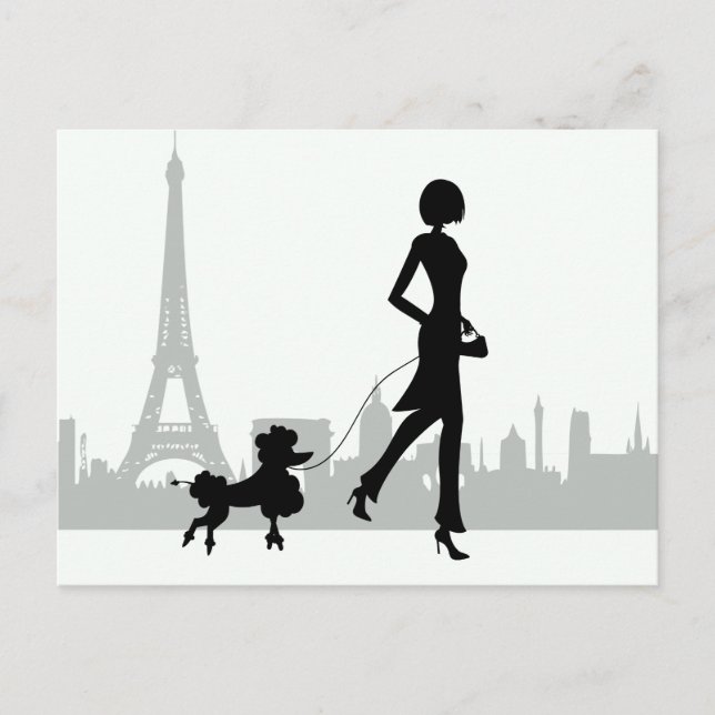 Girl and Poodle Paris Skyline Eiffel Tower Postkarte (Vorderseite)
