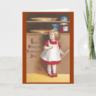 Girl and Pumpkin Pies Vintager Erntedank Feiertagskarte
