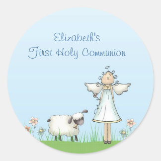 Girl Angel and Lamb, blau, Erste Kommune Runder Aufkleber