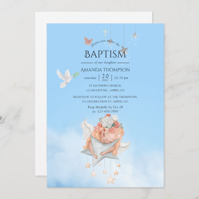 Girl Angel Taufe Foto Einladung (Vorne/Hinten)