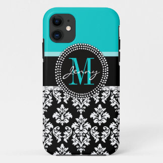 Girl Aqua Black Damask Dein Monogramm Name Case-Mate iPhone Hülle