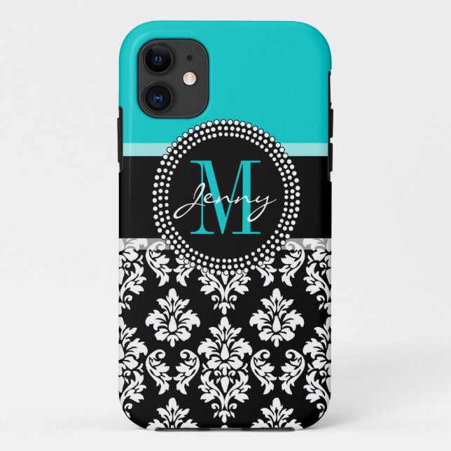Girl Aqua Black Damask Dein Monogramm Name Case-Mate iPhone Hülle (Rückseite)