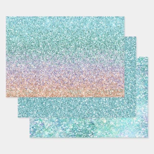 Girl Aqua Peach Gold Lila Minze Mermaid Glitzer Geschenkpapier Set (Set)