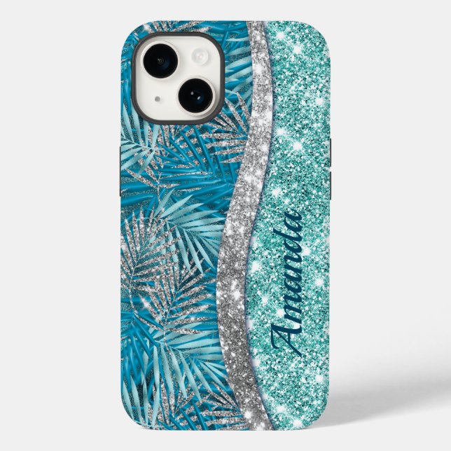 Girl-aquamarin-grüner Glitzer Blätter monogramm Case-Mate iPhone Hülle (Rückseite)