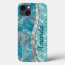 Girl-aquamarin-grüner Glitzer Blätter monogramm Case-Mate iPhone Hülle