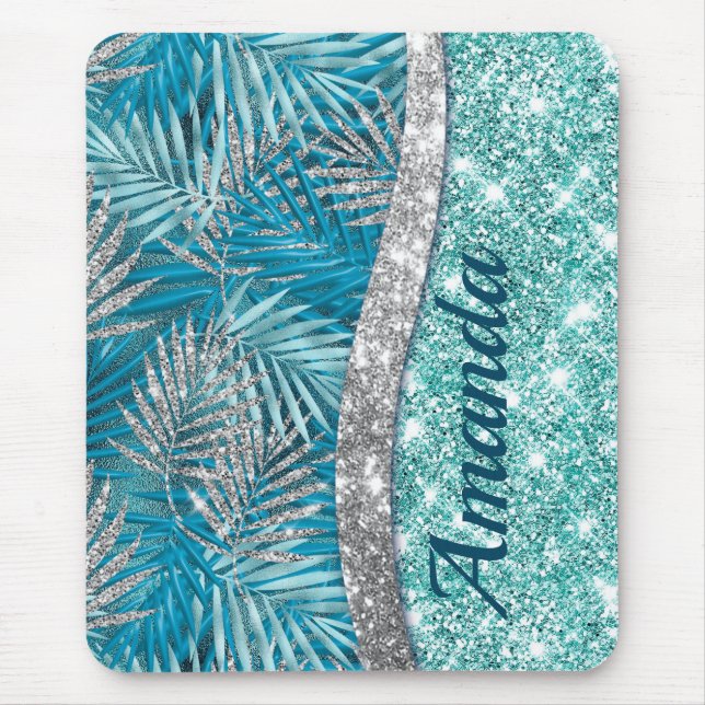Girl-aquamarin-grüner Glitzer Blätter monogramm Mousepad (Vorne)