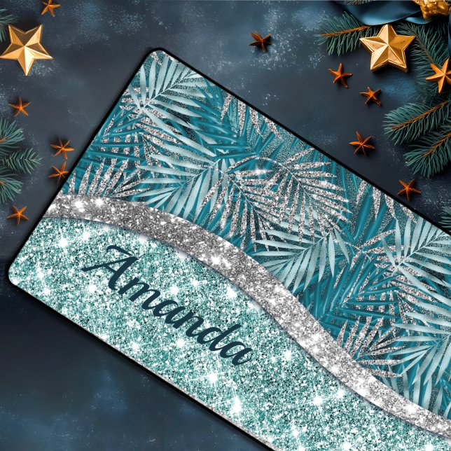 Girl-aquamarin-grüner Glitzer Blätter monogramm Schreibtischunterlage (Von Creator hochgeladen)