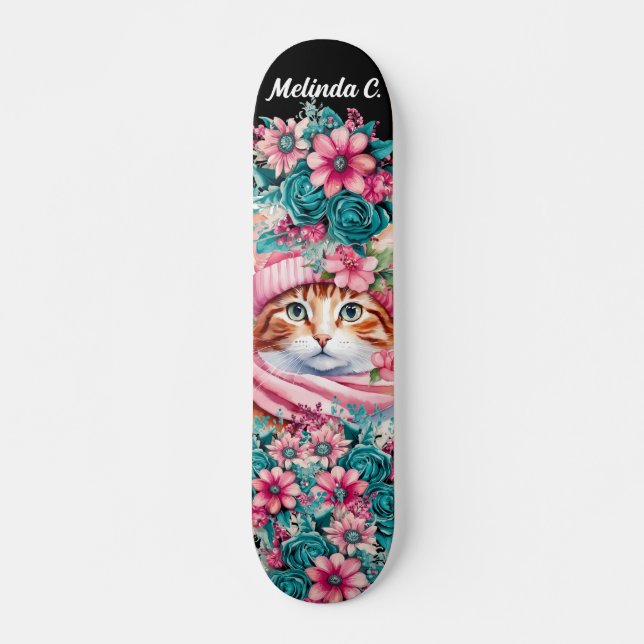 Girl Aquamarin & Pink Blume Weihnachten Kitten Skateboard (Vorne)