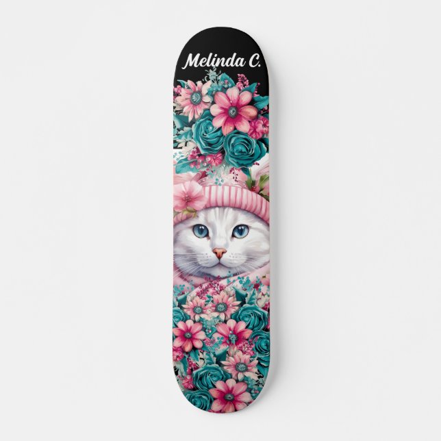 Girl Aquamarin & Pink Blume Weihnachten Kitten Skateboard (Vorne)