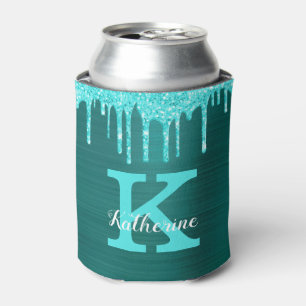 Girl-Aquamarin-Türkis-Glitzer-Tropfen Monogramm-Na Dosenkühler