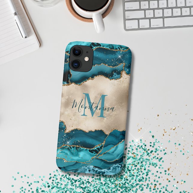 Girl Aquamarin Turquoise & Gold Agate Stone Monogr Case-Mate iPhone Hülle (Teal agate phone cover)
