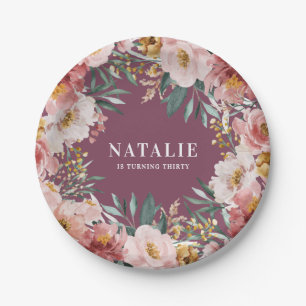 Girl Aquarellblume Geburtstag rosa Chic Pappteller