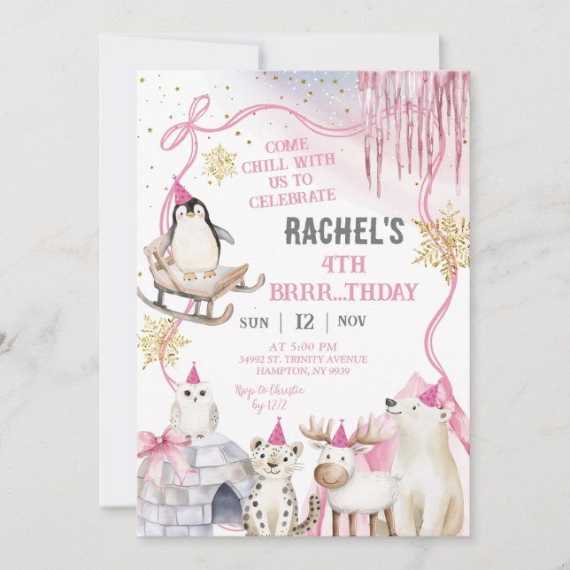 Girl Arctic Animals Birthday Party Invitation Einladung (Vorderseite)