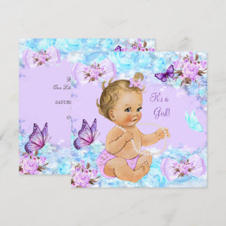 Girl Baby Dusche Aquamarine Lila Butterfly Blonde Einladung