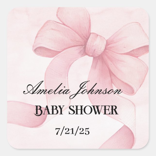 Girl Baby Dusche Blush Pink Ribbon Coquette Quadratischer Aufkleber (Vorderseite)