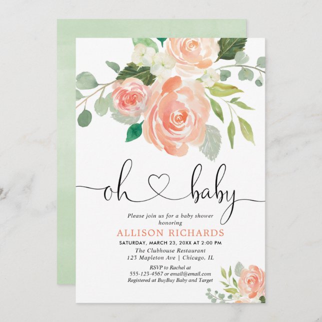 Girl baby dusche florale Aquarelle Pfirsichgrün Einladung (Vorne/Hinten)