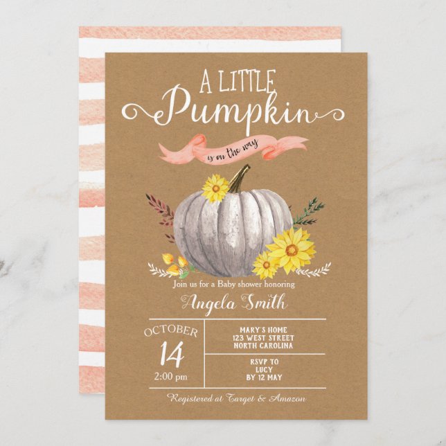 Girl Baby Dusche Little Pumpkin Fall Invite Einladung (Vorne/Hinten)