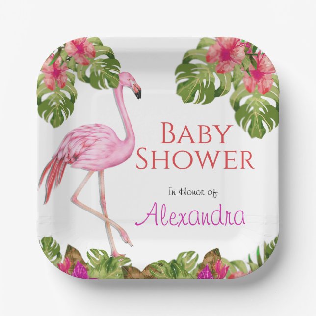 Girl Baby Dusche Pink Flamingo Tropical Wildlife Pappteller (Vorderseite)
