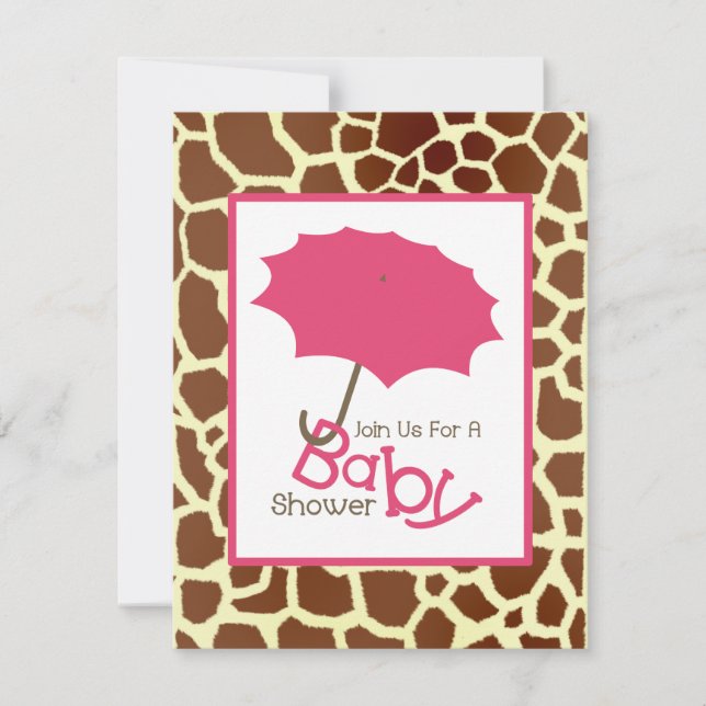 Girl Baby Dusche - Rosa Regenschirm & Giraffe Prin Einladung (Vorderseite)