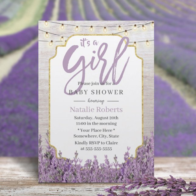 Girl Baby Dusche Rustikale Lavendel String Lights Einladung (Von Creator hochgeladen)
