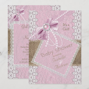 Girl Baby Dusche Rustikale Pink Bow Pearl Lace Bur Einladung