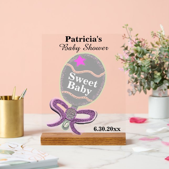 Girl Baby Dusche Silver Pink Rattle Acrylschild (Hochzeit)