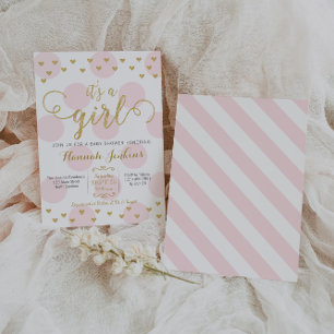 Girl Baby Duwer Einladung Pink & Gold Herzen