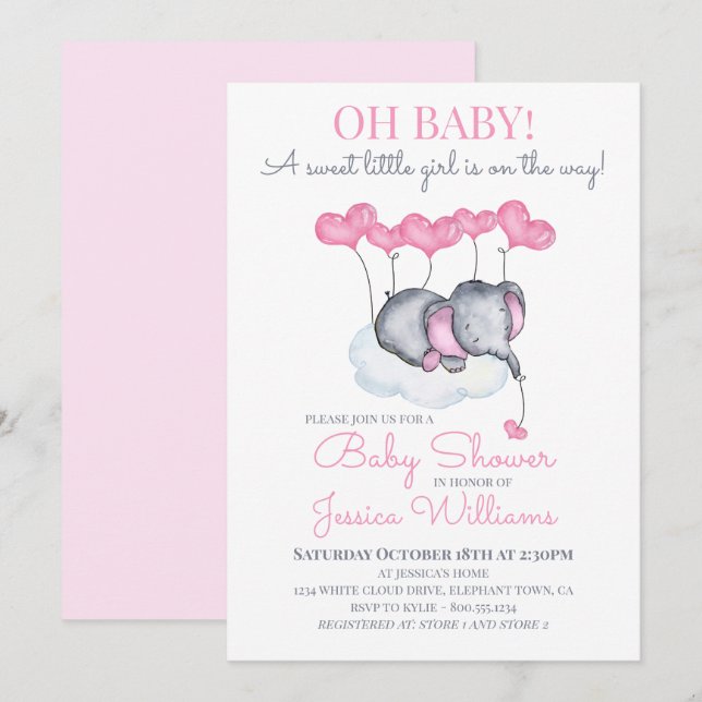 Girl Baby Duwer Pink Elefant auf Cloud Einladung (Vorne/Hinten)