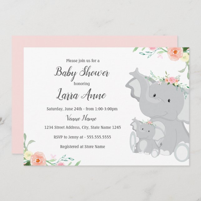 Girl Baby Elephant Baby Shower Einladung (Vorne/Hinten)