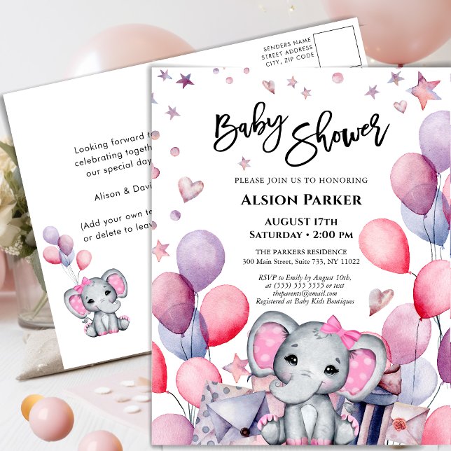 Girl Baby Elephant Pink Balloons Niedlich Babydusc Einladungspostkarte (Von Creator hochgeladen)
