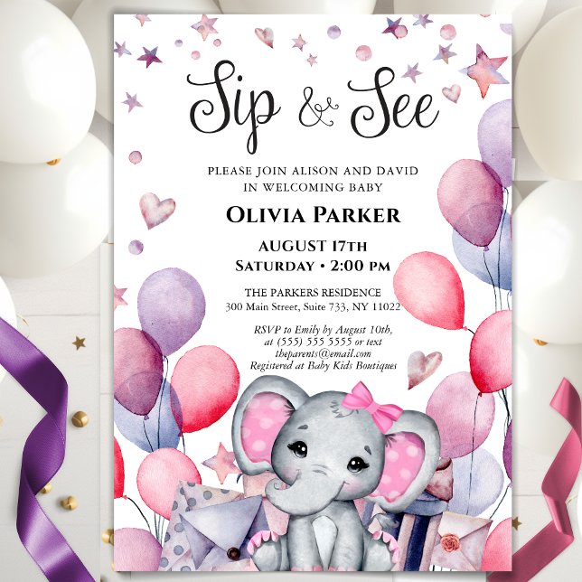 Girl Baby Elephant Pink Balloons SIP UND SEHEN Einladung (Von Creator hochgeladen)