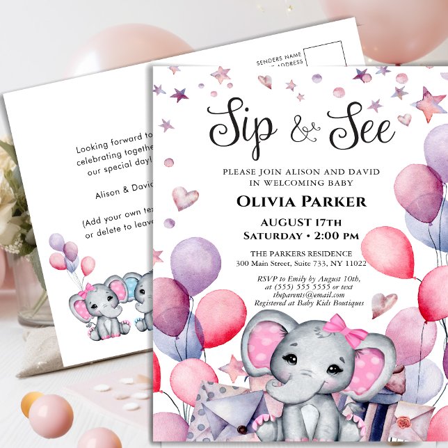 Girl Baby Elephant Pink Balloons SIP UND SEHEN Einladungspostkarte (Von Creator hochgeladen)