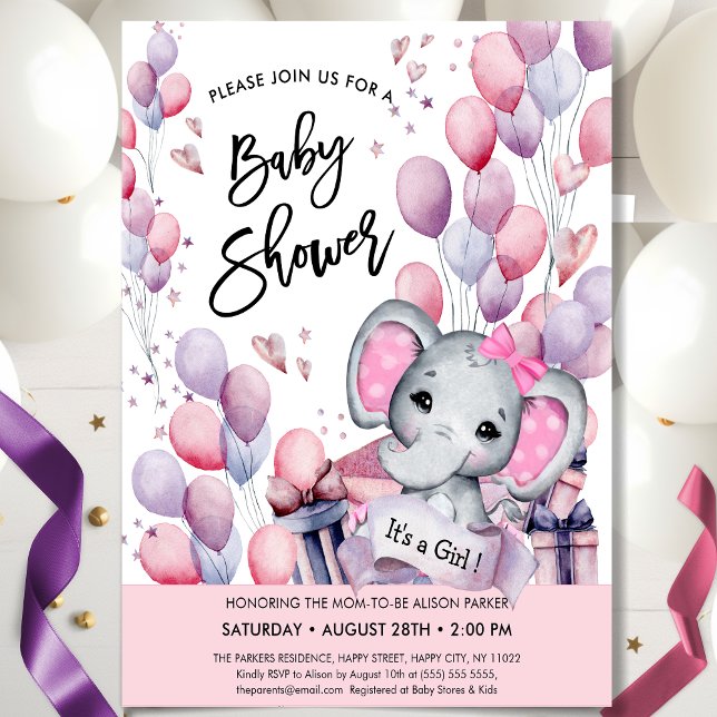 Girl Baby Elephant Pink Balloons Stars Baby Dusche Einladung (Von Creator hochgeladen)