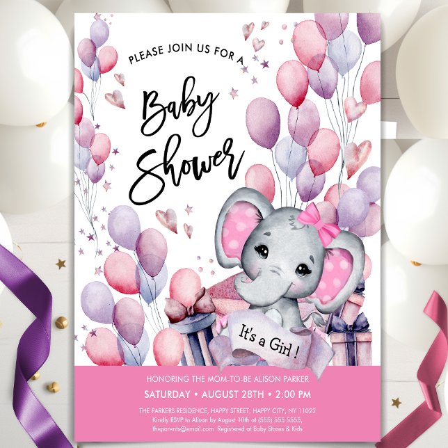 Girl Baby Elephant Pink Balloons Sweet Baby Dusche Einladung (Von Creator hochgeladen)