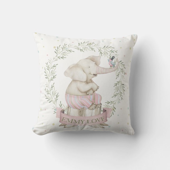 Girl Baby Elephant Pink Green Beige Kissen (Vorderseite)