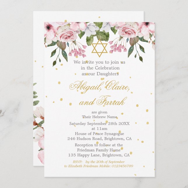 Girl Baby Hebrew Twin Triplet Namemony Einladung (Vorne/Hinten)