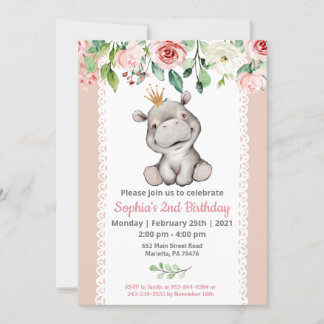 Girl Baby Hippo Geburtstagsparty Einladung