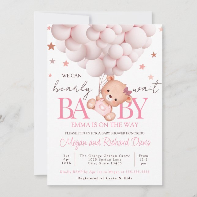 Girl Baby Invite Bear Template Bearly Sweet Einladung (Vorderseite)
