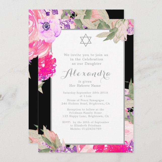 Girl Baby Naming Ceremony Hebrew Floral Elegant Einladung (Vorne/Hinten)