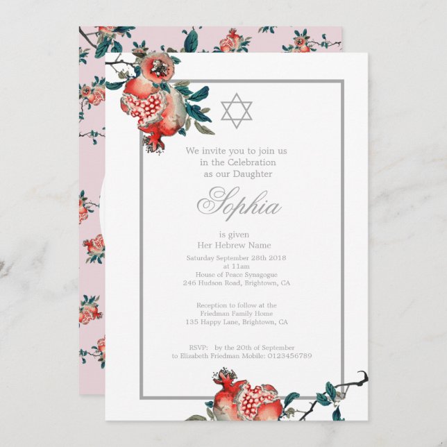 Girl Baby Naming Pink Silver Hebräisch Pomegranat Einladung (Vorne/Hinten)