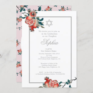 Girl Baby Naming Pink Silver Hebräisch Pomegranat Einladung