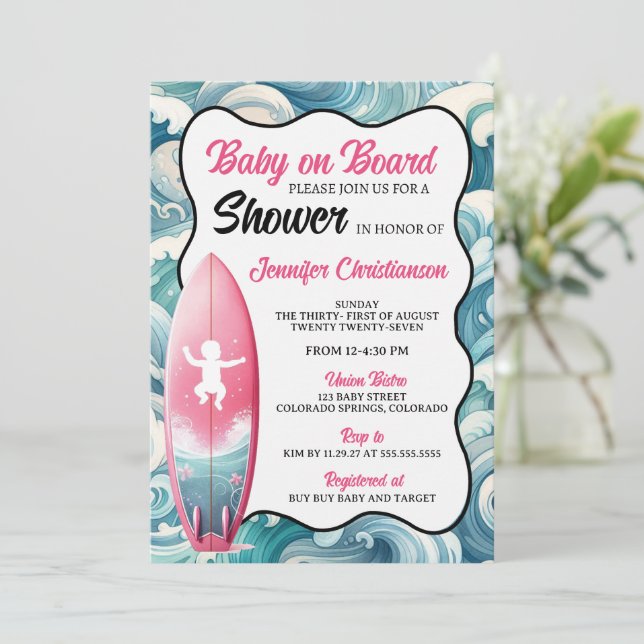 Girl Baby on Board Baby Shower Einladung (Stehend Vorderseite)