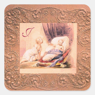 GIRL BABY SHOWER ANTIQUE PINK FLORAL MONOGRAM QUADRATISCHER AUFKLEBER