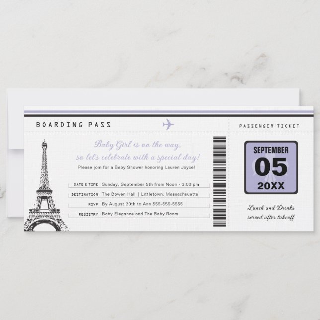 Girl Baby Shower Boarding Pass - Paris Einladung (Vorderseite)