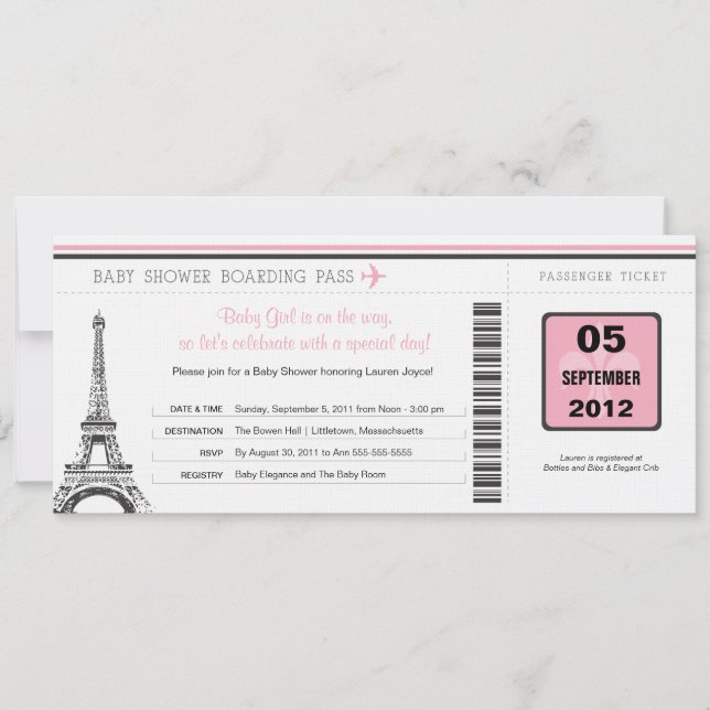 Girl Baby Shower Boarding Pass - Paris Einladung (Vorderseite)