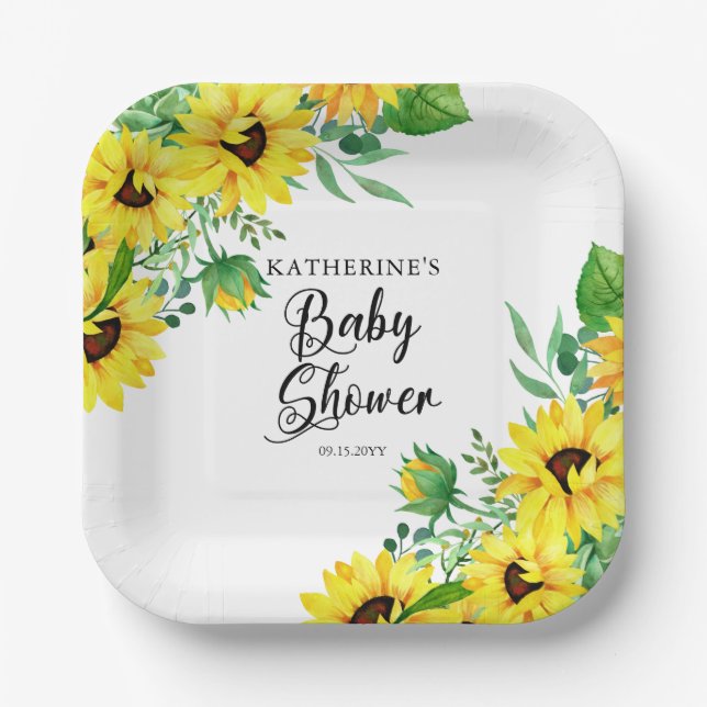 Girl Baby Shower Boho Sunflowers | Eukalyptus Pap Pappteller (Vorderseite)