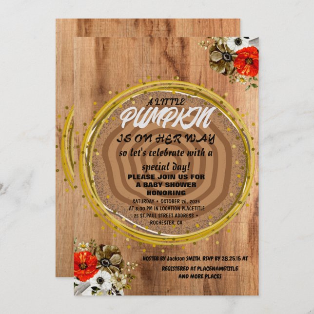 Girl Baby Shower Fall Pumpkin Rustic Burlap Wood Einladung (Vorne/Hinten)